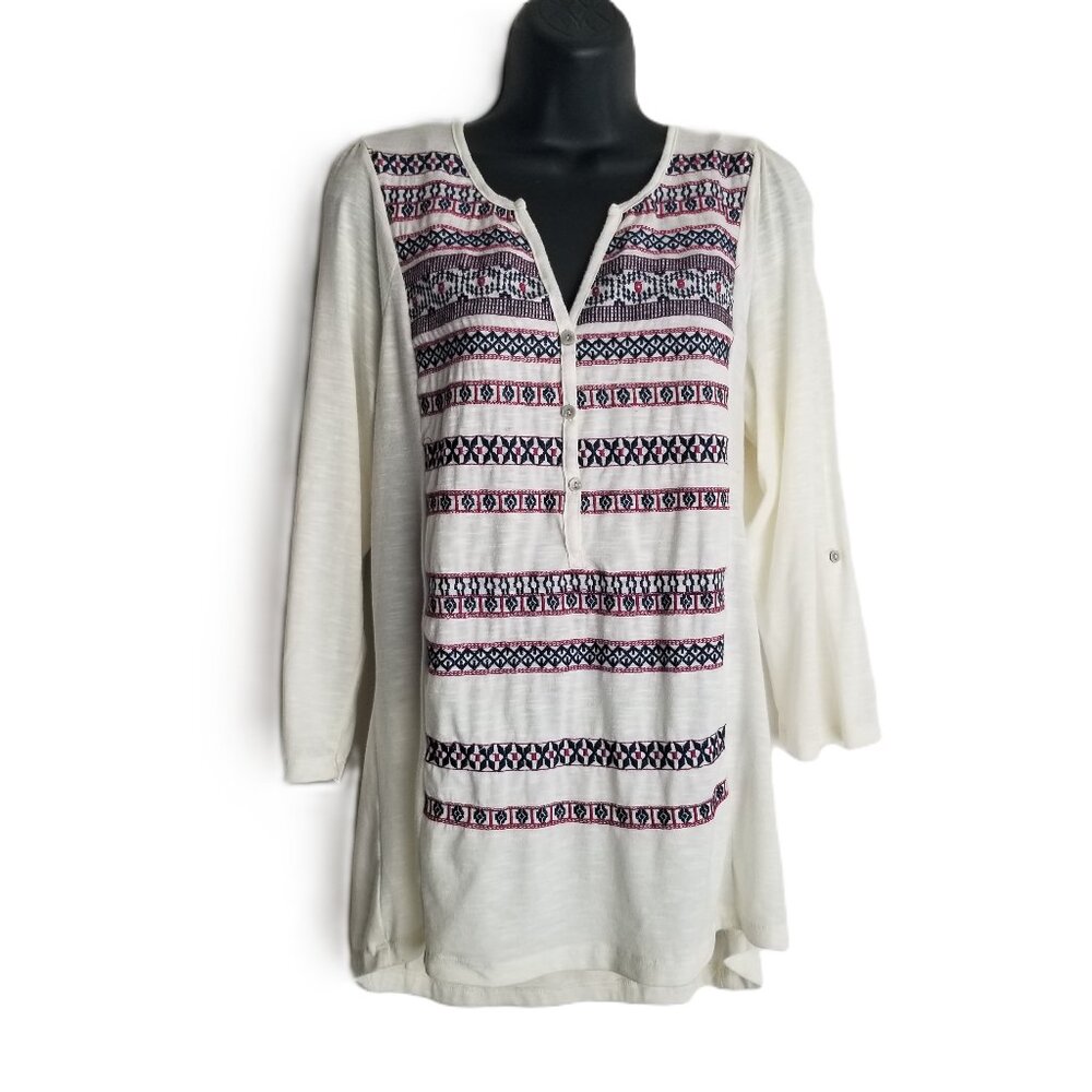 Thyme & Honey Womens Large Cream Embroidered Peasant Tunic Boho Long Sleeve